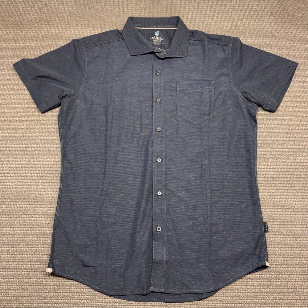 Kuhl Mens Tapered Fit Short Sleeve Button Down Shirt Blue Heather Medium 9488